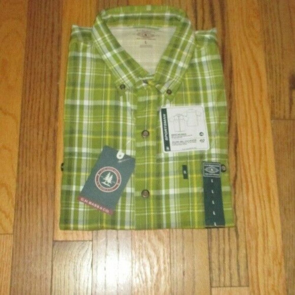 NWT New Mens Green and White G H BASS Striped Dress Shirt Large